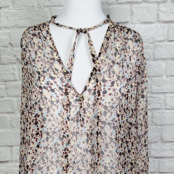 Theory Top Silk Bernetta Floral Crinkle Chiffon Tie Neck Sheer Long Sleeve Sz L - Picture 3 of 13